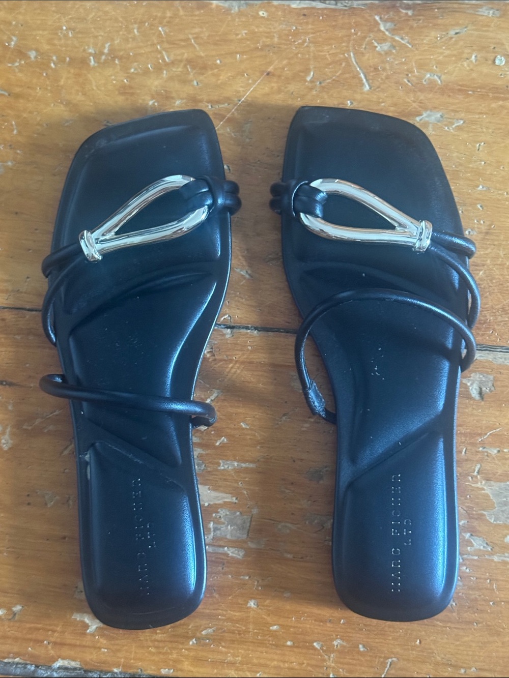Black Strappy Flat Sandals with silver Accent